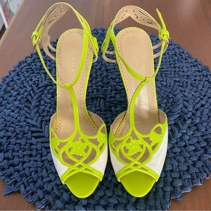 Charlotte Olympia Lime Green White Intricate Floral Detail Leather Heels